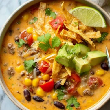 Bowl of cozy creamy taco soup topped with cheese and cilantro
