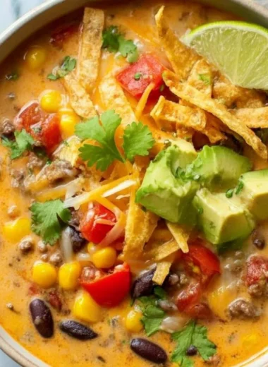 Bowl of cozy creamy taco soup topped with cheese and cilantro