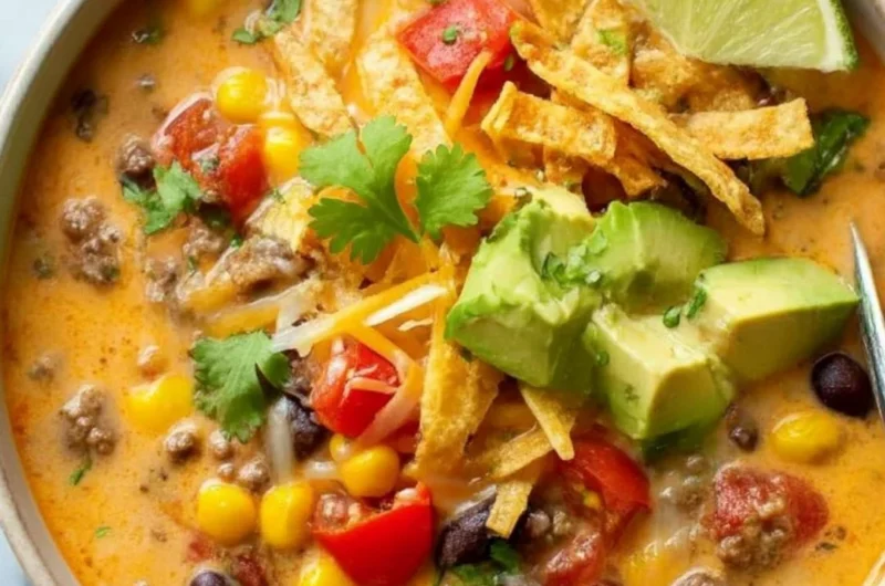 Bowl of cozy creamy taco soup topped with cheese and cilantro