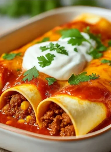 Cozy ground beef enchiladas served with toppings for a family dinner