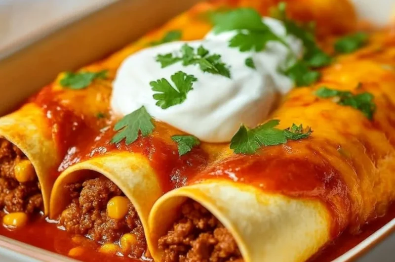 Cozy ground beef enchiladas served with toppings for a family dinner