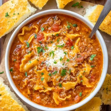 Bowl of cozy lasagna soup garnished with herbs, perfect for chilly days.