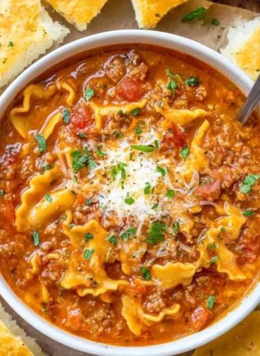 Bowl of cozy lasagna soup garnished with herbs, perfect for chilly days.