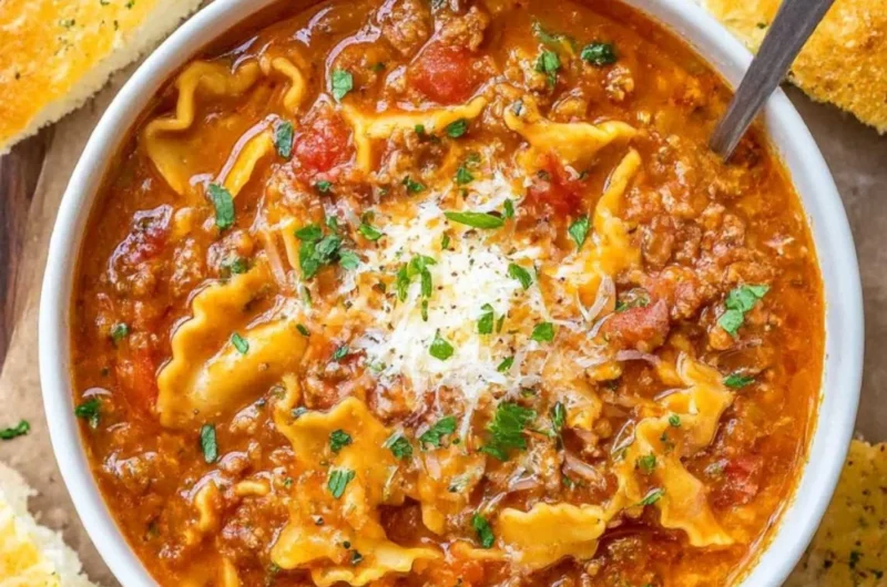 Bowl of cozy lasagna soup garnished with herbs, perfect for chilly days.
