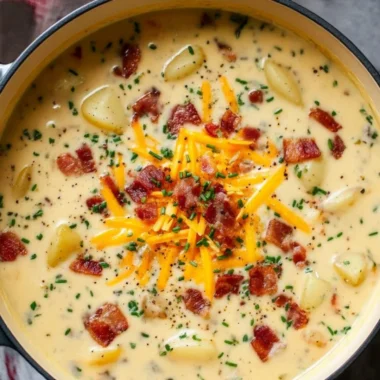 Bowls of cozy loaded potato soup topped with cheese and bacon