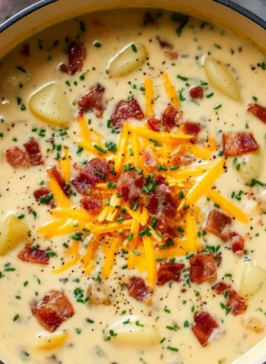 Bowls of cozy loaded potato soup topped with cheese and bacon