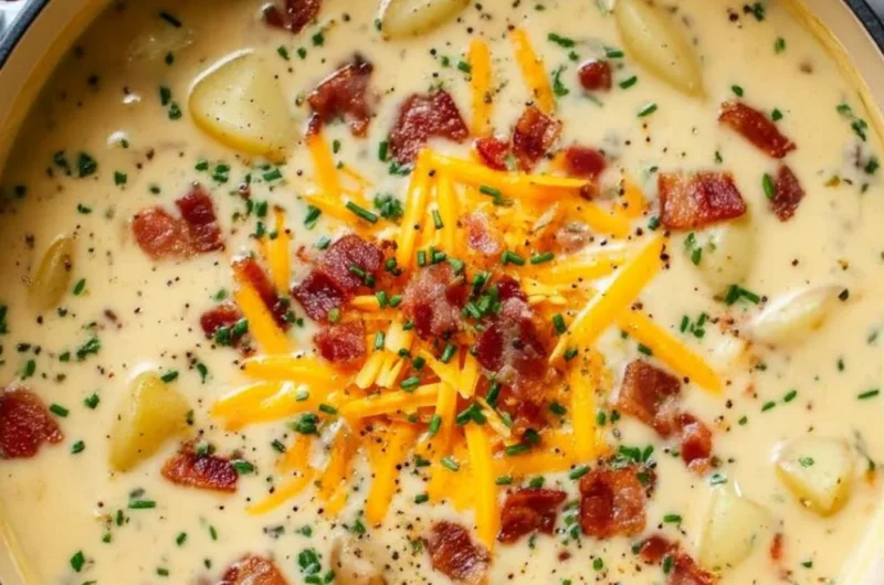 Bowls of cozy loaded potato soup topped with cheese and bacon