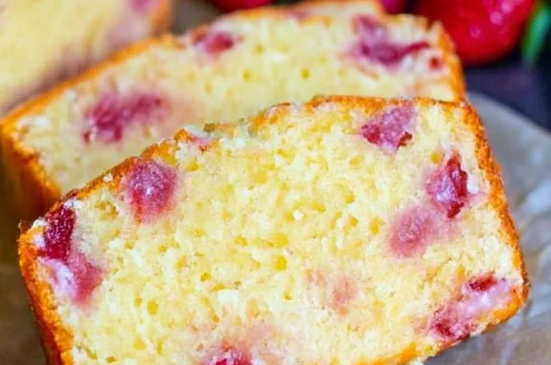 Cozy strawberry pound cake topped with fresh strawberries and cream