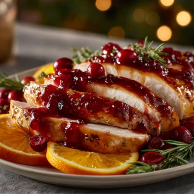 Cranberry orange glazed turkey breast served on a festive table
