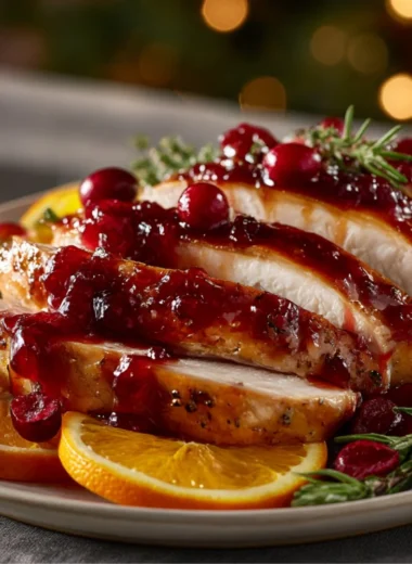Cranberry orange glazed turkey breast served on a festive table