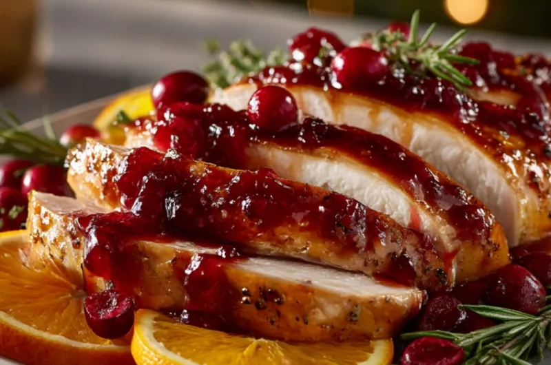 Cranberry orange glazed turkey breast served on a festive table