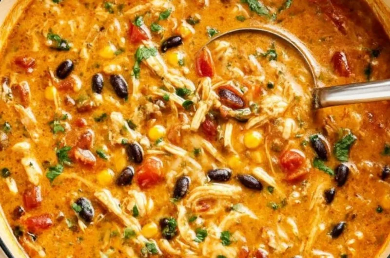Bowl of creamy chicken tortilla soup topped with crispy tortilla strips and cilantro