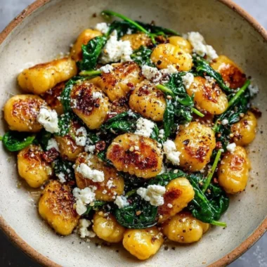 Creamy gnocchi served with spinach and feta cheese in a bowl.