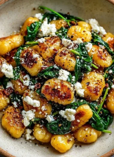 Creamy gnocchi served with spinach and feta cheese in a bowl.