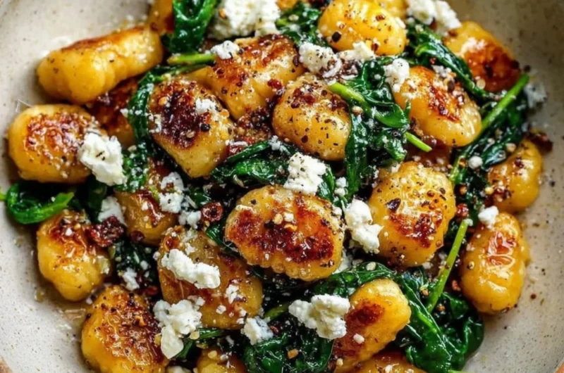 Creamy gnocchi served with spinach and feta cheese in a bowl.