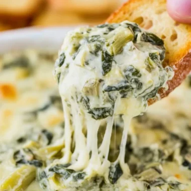 Creamy spinach artichoke dip served in a bowl with fresh veggies