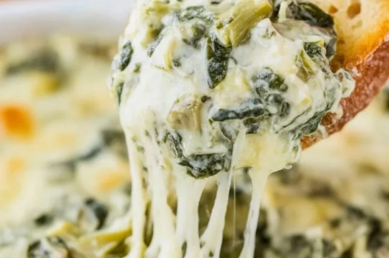 Creamy spinach artichoke dip served in a bowl with fresh veggies