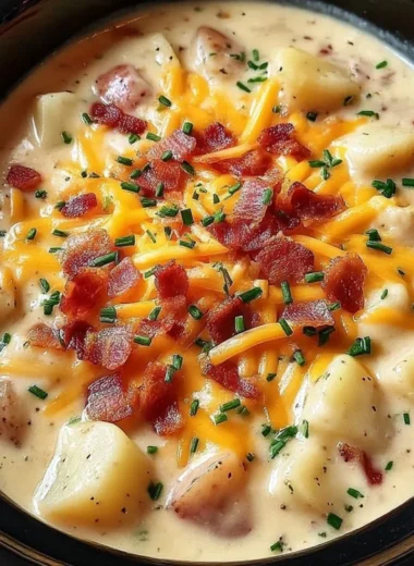 Delicious bowl of Crock Pot Crack Potato Soup topped with green onions and bacon