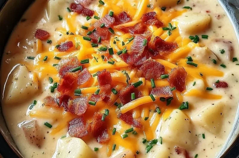 Delicious bowl of Crock Pot Crack Potato Soup topped with green onions and bacon