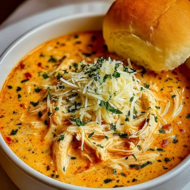 Bowl of Crock Pot Creamy Chicken Parmesan Soup topped with parsley and cheese