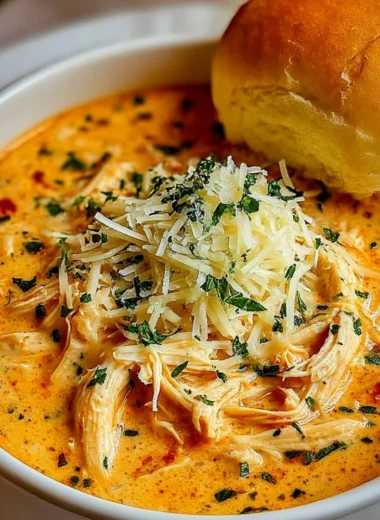 Bowl of Crock Pot Creamy Chicken Parmesan Soup topped with parsley and cheese