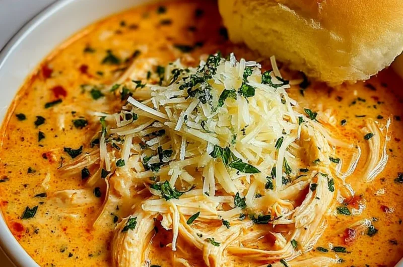 Bowl of Crock Pot Creamy Chicken Parmesan Soup topped with parsley and cheese