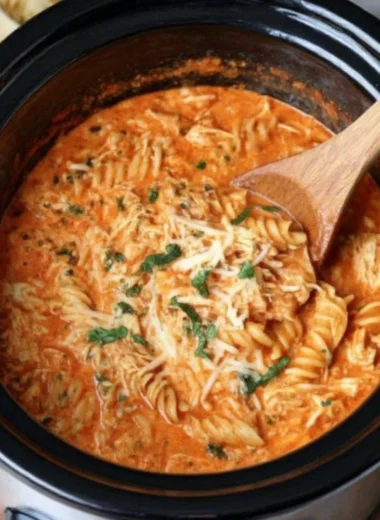 Creamy chicken parmesan soup made in a crock pot, garnished with cheese and herbs