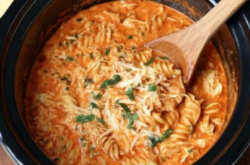 Creamy chicken parmesan soup made in a crock pot, garnished with cheese and herbs