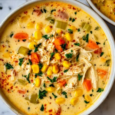 Crockpot Chicken Corn Chowder in a bowl with herbs and corn