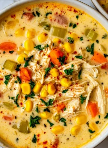 Crockpot Chicken Corn Chowder in a bowl with herbs and corn
