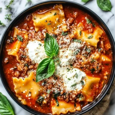 Crockpot lasagna soup with cheese and herbs in a bowl