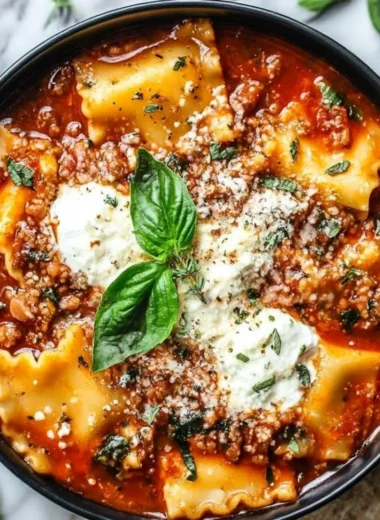 Crockpot lasagna soup with cheese and herbs in a bowl