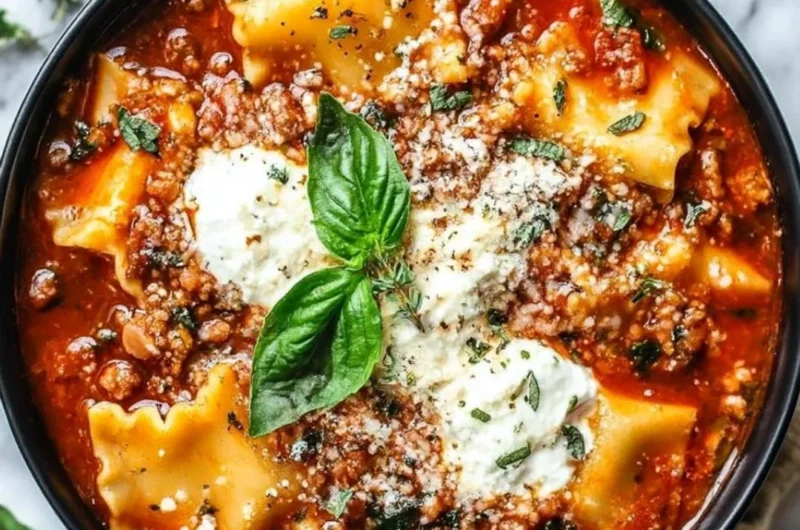 Crockpot lasagna soup with cheese and herbs in a bowl