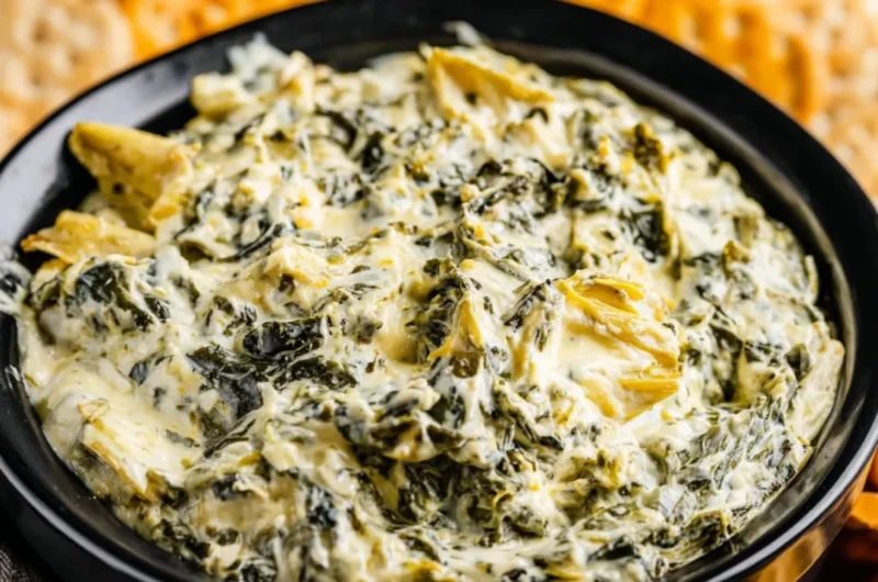 Creamy Crockpot Spinach Artichoke Dip served in a bowl