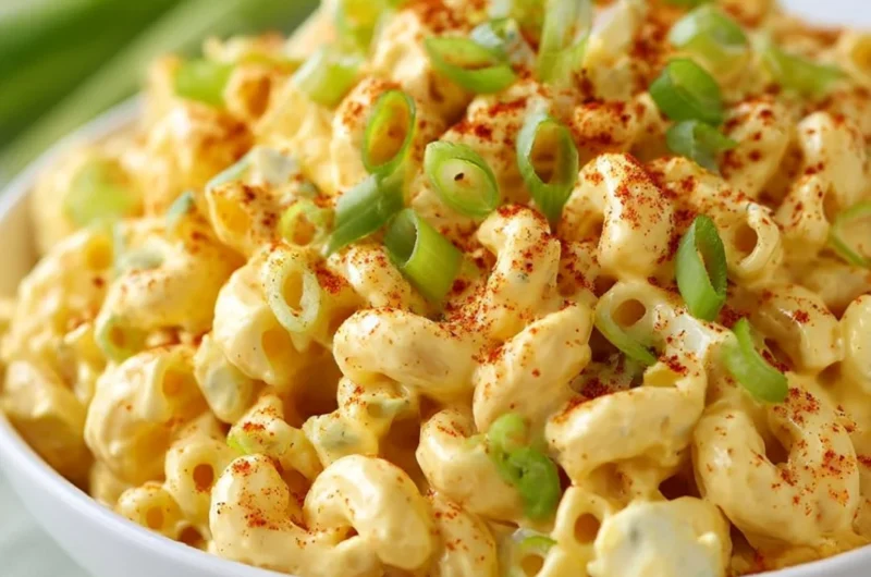 Deviled egg pasta salad with creamy dressing and garnishes