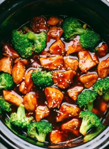 Delicious crockpot teriyaki chicken served with rice and vegetables