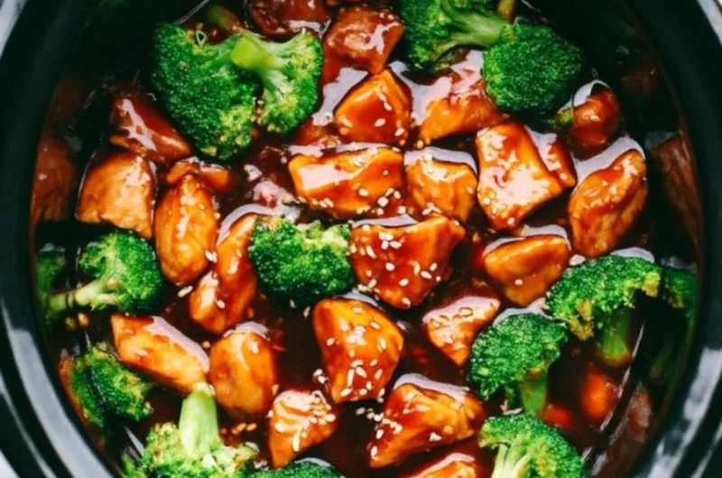 Delicious crockpot teriyaki chicken served with rice and vegetables