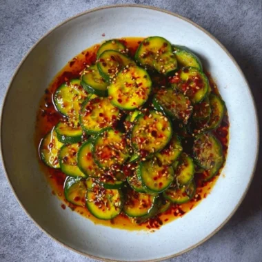 Bowl of easy Asian cucumber salad with fresh vegetables and dressing