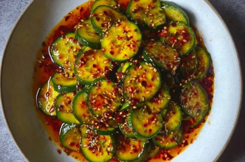 Bowl of easy Asian cucumber salad with fresh vegetables and dressing