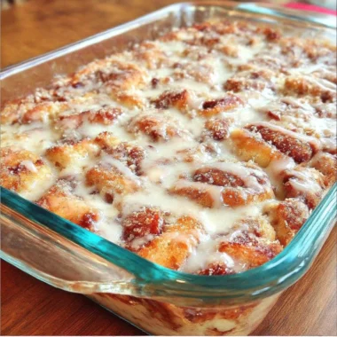 Easy cinnamon roll casserole fresh out of the oven, ready to serve.