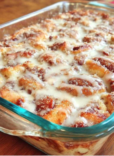 Easy cinnamon roll casserole fresh out of the oven, ready to serve.