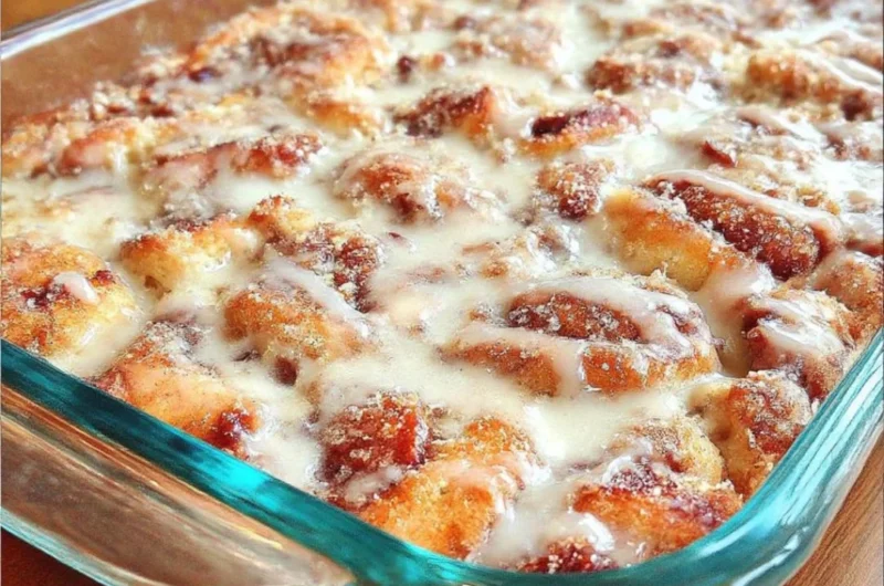 Easy cinnamon roll casserole fresh out of the oven, ready to serve.