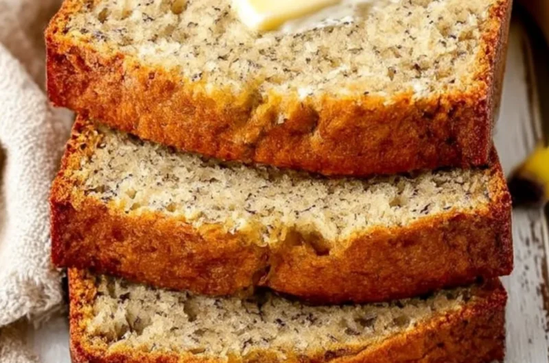 A loaf of easy moist banana bread with slices cut, showcasing its soft texture.