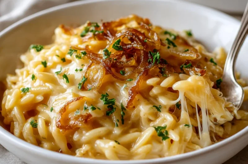 Delicious French Onion Orzo Bake topped with melted cheese and herbs