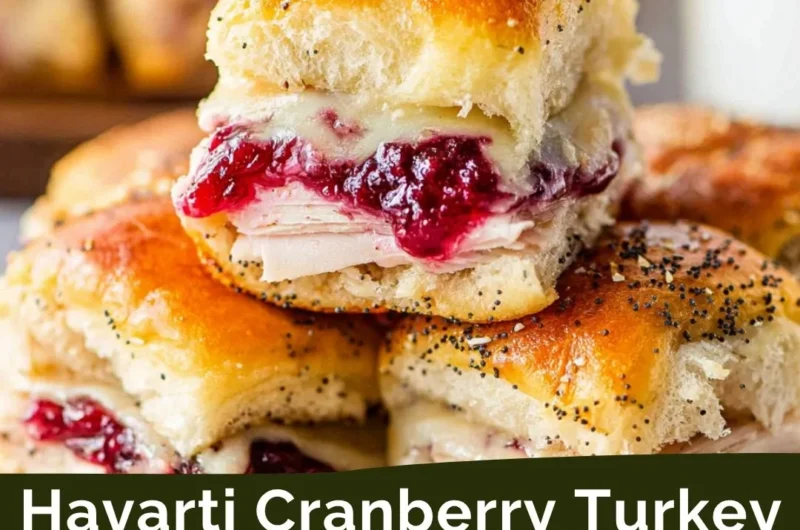 Havarti cranberry turkey sliders garnished with fresh herbs on a platter.
