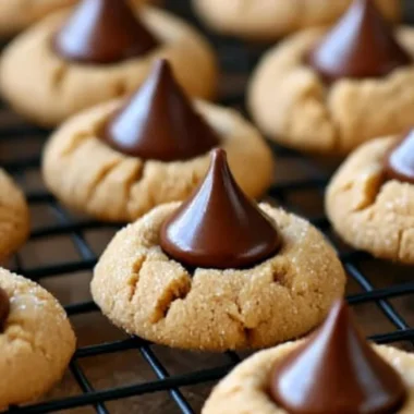 Plate of freshly baked Hershey Kiss Cookies topped with chocolate kisses