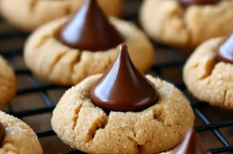 Plate of freshly baked Hershey Kiss Cookies topped with chocolate kisses