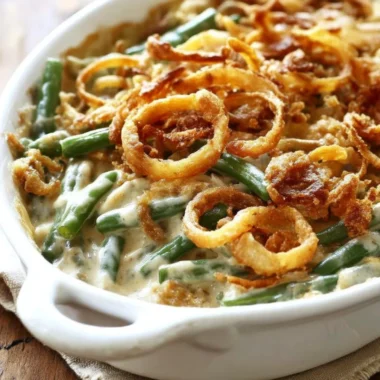 Homemade green bean casserole topped with crispy onions and served in a dish.