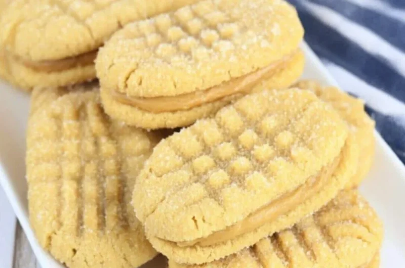 Plate of homemade Nutter Butters cookies with creamy filling