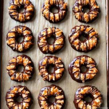 Plate of homemade Samoas cookies topped with chocolate and caramel.